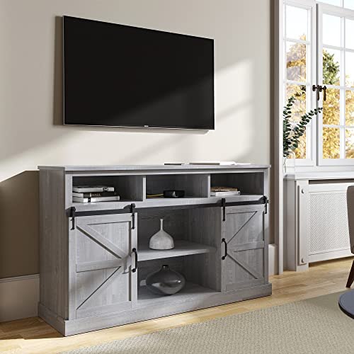 BELLEZE Modern 52 Inch Farmhouse Highboy TV Stand & Media Entertainment Center Console Table for TVs up to 60 Inch with Sliding Barn Door and Storage Cabinets - Parker (Stone Grey) BELLEZE Modern 52 Inch Farmhouse Highboy TV Stand & Media Entertainment Center Console Table for TVs up to 60 Inch with Sliding Barn Door and Storage Cabinets - Parker (Stone Grey)