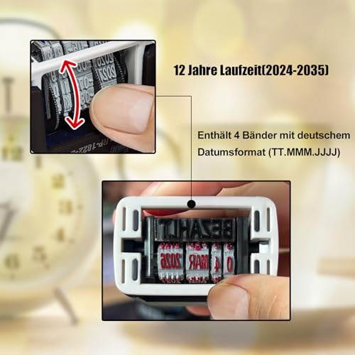 Datumsstempel mit Standardtext BEZAHLT und Datum, Dual-Farben Stempel für Bürobedarf, Bänderlaufzeit 12 Jahre(2024-2035), Schrifthöhe 4,8 mm, 4 mm Kissen rot/schwarz Eingang