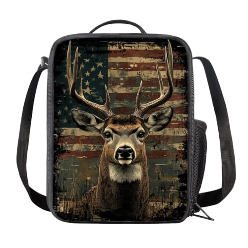 GIFTPUZZ Deer Boys Backpack with Lunch Box Pencil Case and Water Bottle Cover American Flag Backpack 10-12 for Sport School Cool Kids Bookbag Boys with Large Water Bottle Cover 4pcs4