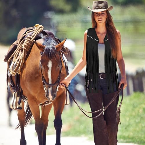 Women's Fringe Vest 60s 70s Hippie Vest Sleeveless Cowgirl Western Faux Suede Tassel Leather Jacket Party Halloween2