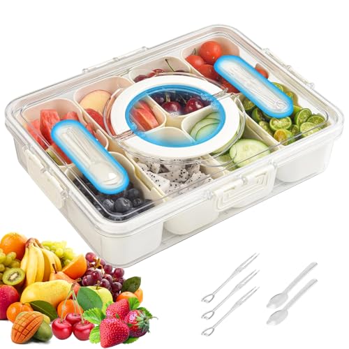 Kezidhp Caja Aperitivos con 8 Compartimentos y Tenedores, Bandeja Snack con Tapa y Asa, Organizador para Caramelos, Frutas, Galletas, Verduras, Frutos Secos – Ideal Cocina, Fiesta y Picnic