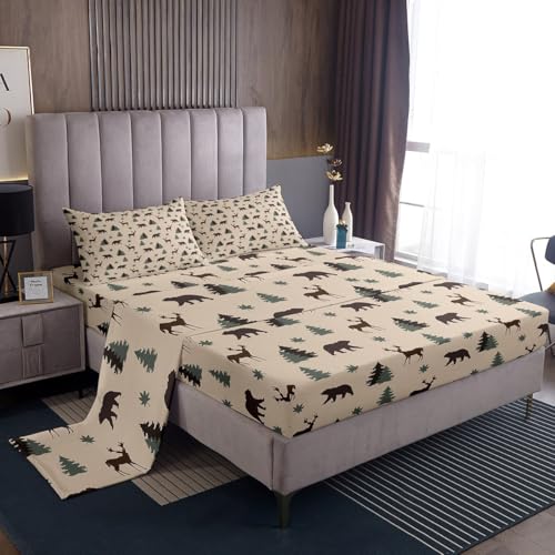 Feelyou Cute Deer Bedding Set Queen Size Kids Bear Fitted Sheet with 16 Inch Deep Pockets for Boys Girls Teens Wild Animal Bed Sheets Set Breathable Soft Farmhouse Room Decor