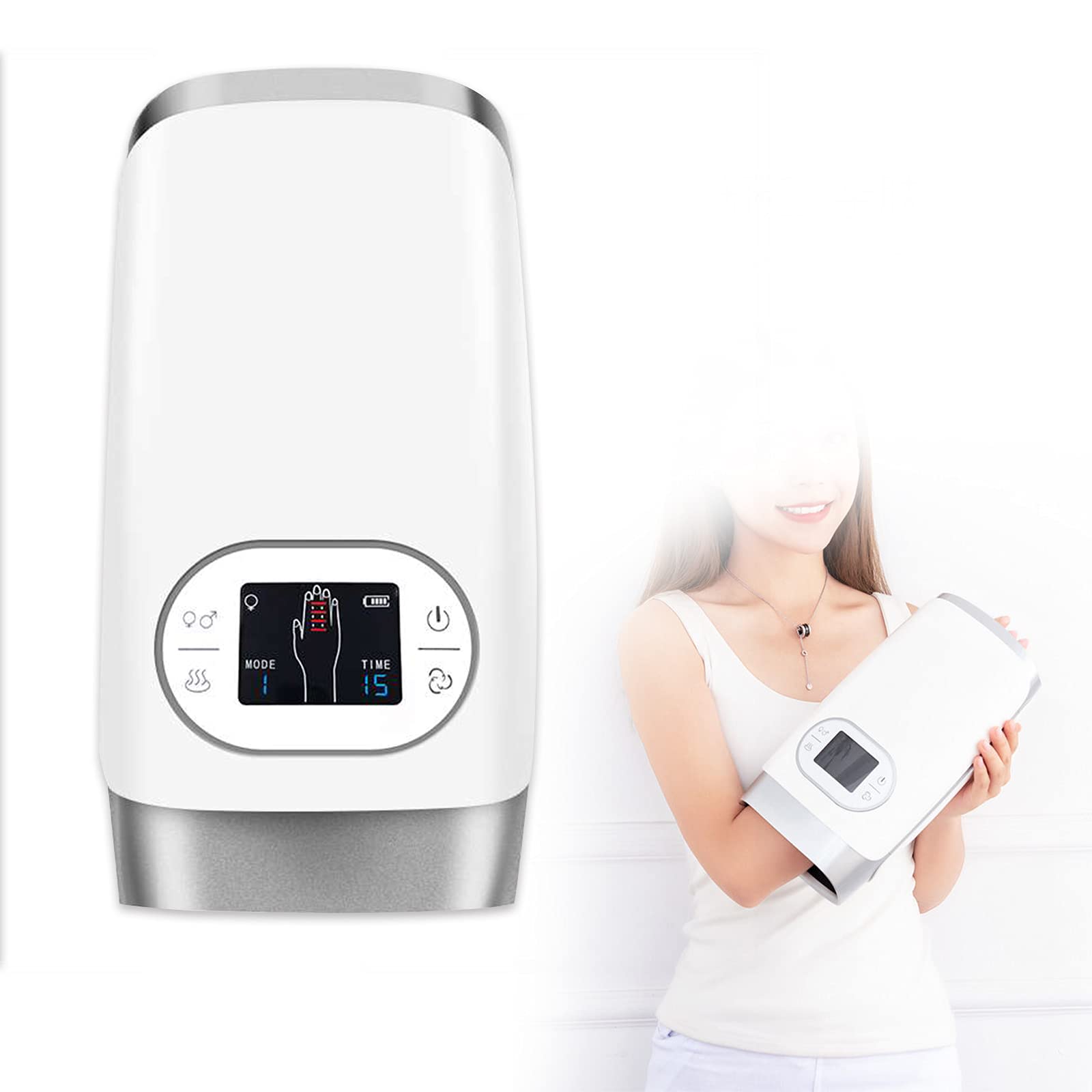Woolal Lengthen Electric Hand & Wrist Massager with LCD Screen Pain Relief Air Compression Palm Fingers Carpal Massage with Therapy Heat USB Rechargeable, Male/Female 6 Modes & 15 Minutes Auto Off