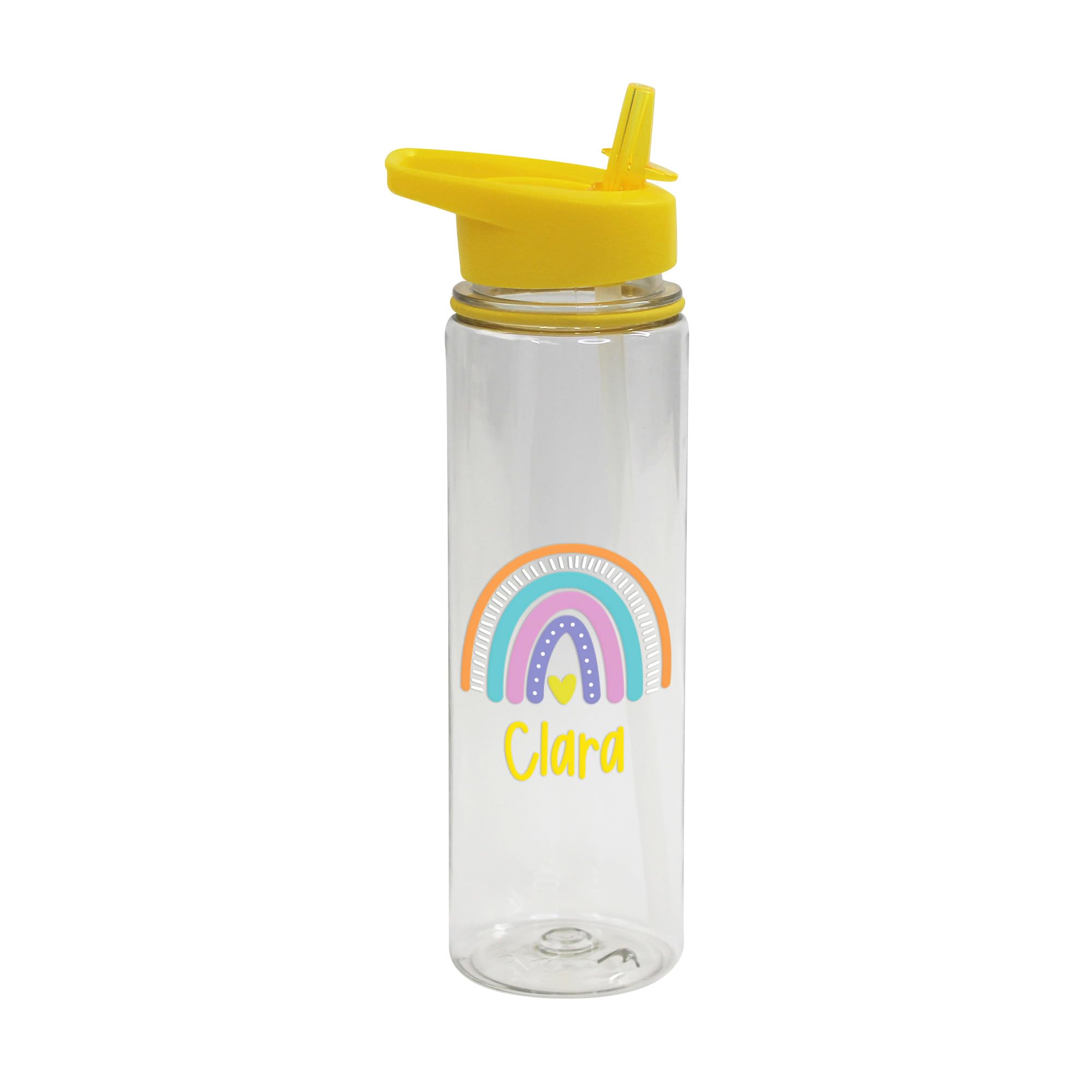 Ebuygb Yellow Personalised Rainbow Flip Straw Bottle, Coloured Lid, Children’s Drinks Bottle, Primary School, Nursery Water Bottle, Back To School Bottle (Yellow)