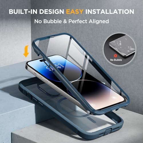Image of Miracase Magnetic for iPhone 14 Pro Case 6.1 inch, (Compatible with MagSafe) Upgrade Full-Body Clear Phone Bumper Case with Built-in 9H Tempered Glass Screen Protector,Storm Blue