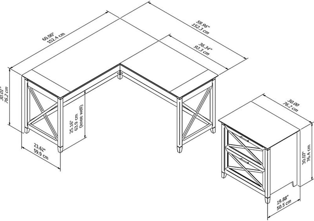 Scranton & Co L Shaped Engineered Wood Desk with File Cabinet, 60W x 60D x 30H, White Finish, Sturdy Coastal Farmhouse Style Home Office Desk Set with 2 Drawer Filing Storage