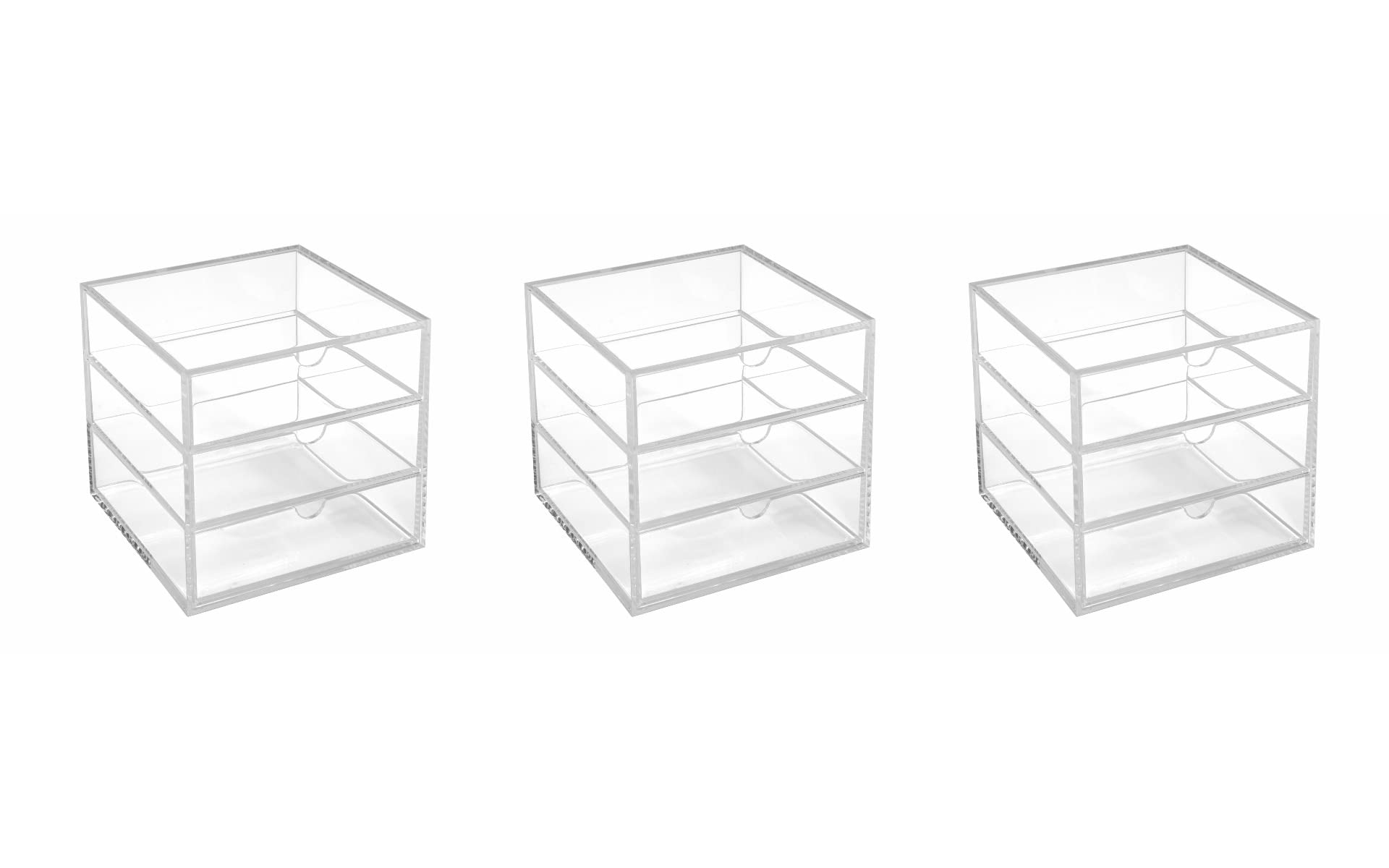 OSCO Clear Acrylic Cube 3 Pack – 3 Drawer Small Item Storage, Stackable Compact Organiser for Lego, Makeup, Jewellery – 16.5cm x 16.5cm (6.5 x 6.5 Inch)