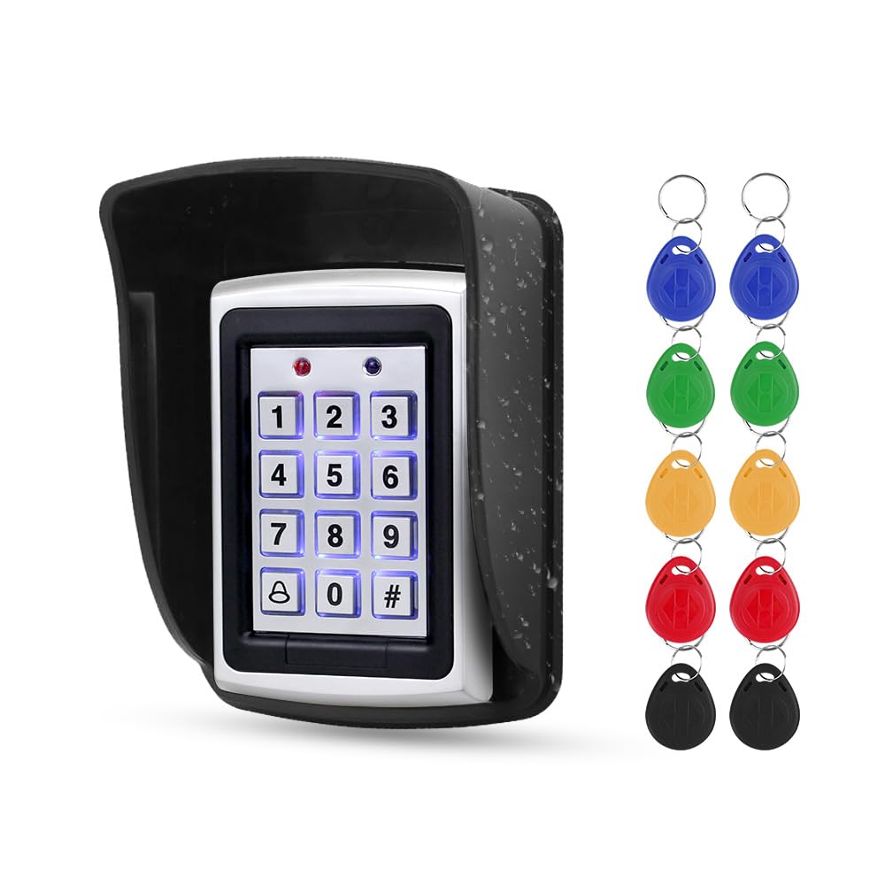 Controleur d'acces RFID en Métal Clavier Digicode, Système de Contrôle d'accès Extérieur, Couvercle étanche avec Porte-clés RFID 10pcs 125KHz