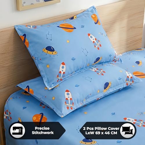 Image of Story@Home Space Theme Kids Double Bedsheet 225x250 cm with 2 Pillow Covers | Cotton Feel 180 TC Soft Fabric | Space Blue Astronaut & Galaxy Design | Breathable & Skin Friendly