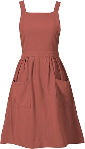 Pinknoke Delantal de lino de algodón para mujer, con bolsillos, delantales de chef artístico, para cocina, hornear, jardinería, pintura