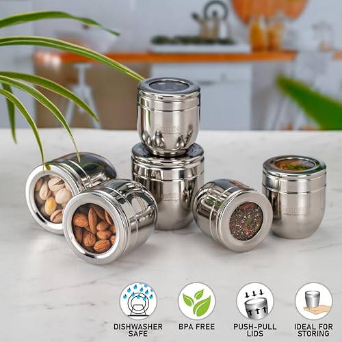 Image of Sumeet Stainless Steel Conical Shape Canisters /Dabba /Storage Containers for Kitchen with See Through Lid, Set of 6 Pcs, (150ml-6cm Dia-3Pc & 250ml-7cm Dia-3Pc), Silver