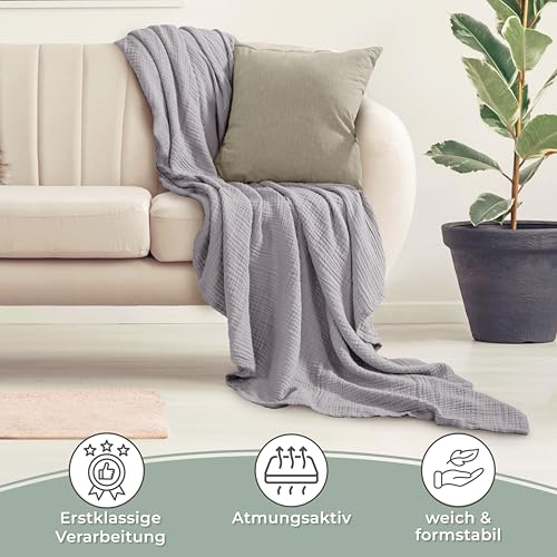 LAYNENBURG Premium Musselin Tagesdecke 220x240 cm XXL - 100% Baumwolle - extraweiche Baumwolldecke als Kuscheldecke, Bett-Überwurf, Sofa-Überwurf, Couch-Überwurf - warme Sofa-Decke (Grau)