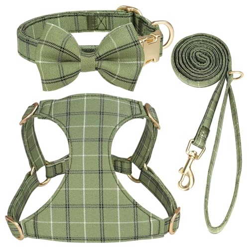 Beirui Cute Extra Small Dog Harness Collar and Leash Set with Bowtie, Soft Adjustable Plaid Puppy Harness for Small Sized Dogs Cats Walks Parties and Photoshoots(Green,XS:Chest 13-18")