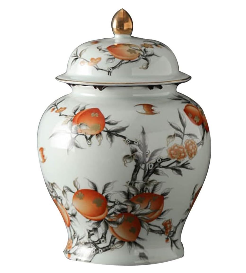 SBJKLYRN ceramic jar， Porcelain Ginger Jar Vase with Lid Chinese Longevity Peach Ceramic Temple Jar Decorative Vase for Home Decor Temple Jar(20 * 28.5cm)