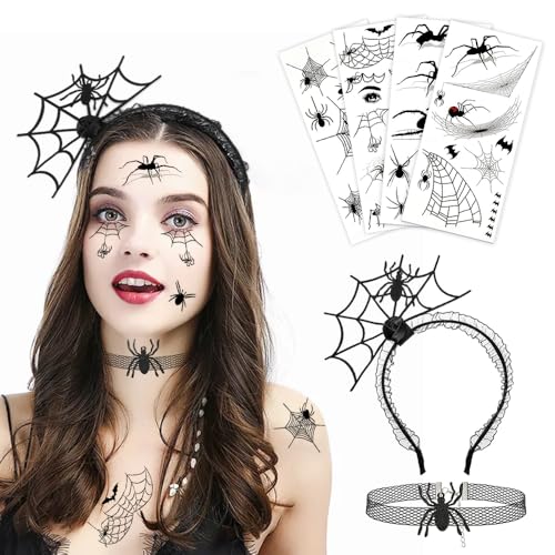 Udbrud Diadema de Araña para Halloween - Tatuajes Temporales, Telaraña y Murciélago para Carnaval