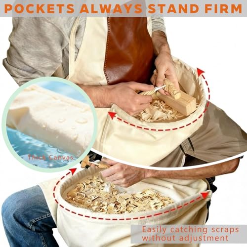 Image of Woodcarving Apron-Work Apron with Brown Leather Chest Patches, Tool Pocket