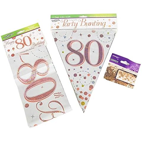 FANCYDRESSCOZ FDC 80th Birthday Decoration Kit Banner Bunting Confetti Rose Gold Him Her Men Women Cover