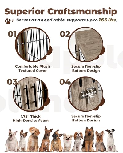 Dog Crate Furniture, 32 inch Medium Dog Crates with Bed Mat, Wooden Dog Kennel Furniture, End Side Table Dog Cage with 3 Doors, Greige - Image 5