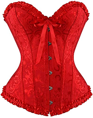 SZIVYSHI Femme Grande Taille Gothique Satin Corset Sein Nu Minceur Lingerie avec Ruban Lacet et G-String Rouge, M Cover