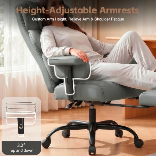 Image of Vonesse Big and Tall Office Chair, Desk Chair with Soft Adjustable Armrests, Ergonomic High Back Gaming Chair with Lumbar Support, Executive Computer Chairs with Footrest (PU Leather, Gray)
