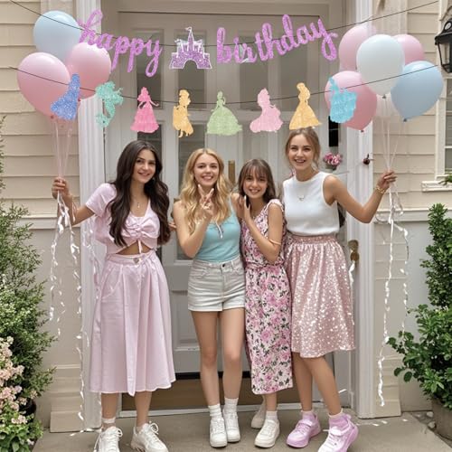Image of Princess Birthday Banner Decorations - Pink Happy Birthday Garland Glitter Bunting for Girls Coquette Birthday Party Decorations Favor Supplies