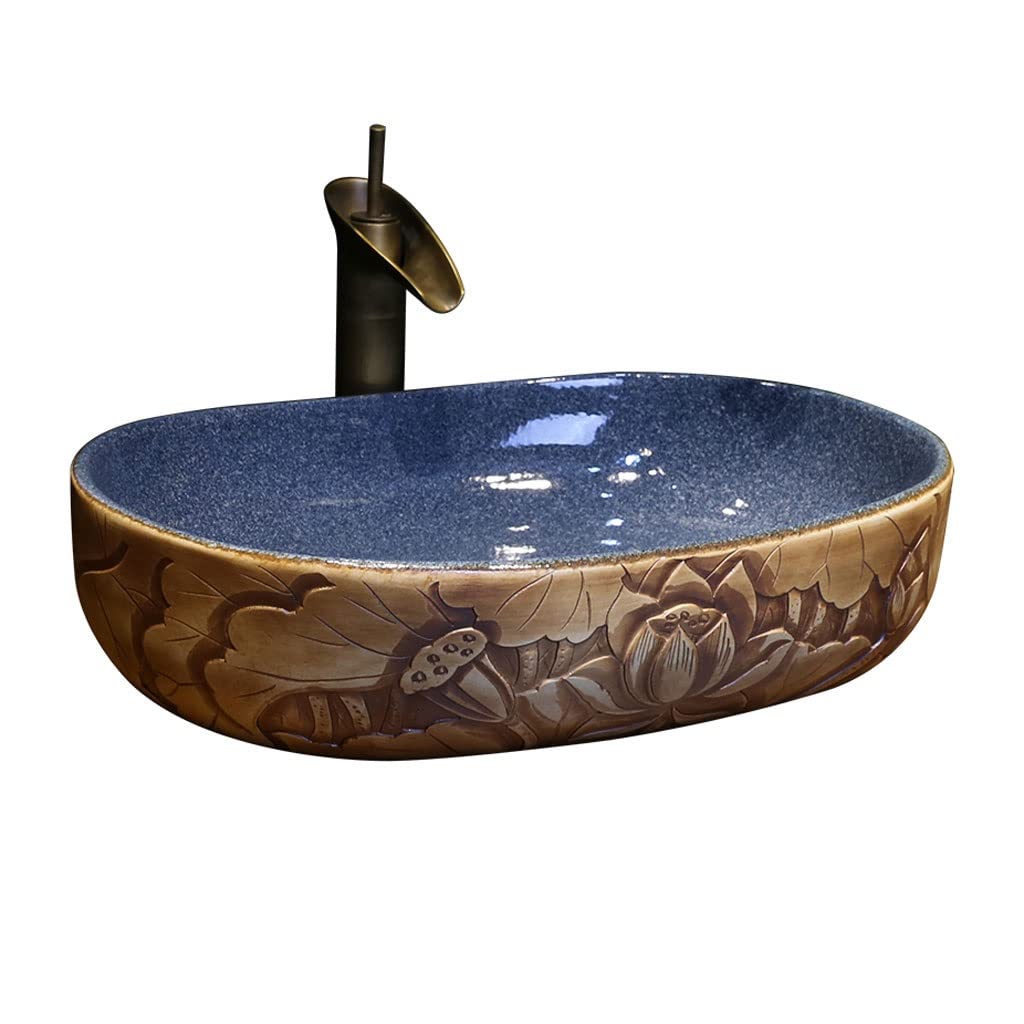 ADERFETBI Bathroom Sink Bathroom Vessel Sink Lotus Pattern Art Countertop Basin Oval Ceramic Washbasin Vanity with Faucet