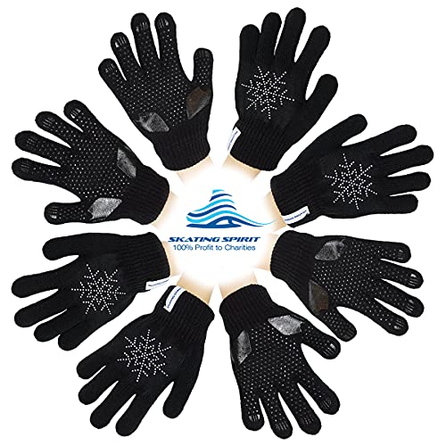 Skatingspirit Gel Padded Anti-Slip Skating Gripper Gloves With Rhinestone Snowflakes (1 Pair), Stretchy Warm Kids Adults Sparkles (Black, Small) #TOP5