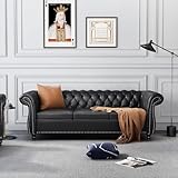 RUSTYER Chesterfield 3 Seater Sofa, Modern Leather Tufted Couch 3 Seater with Rolled Arms and Nailhead Mid-Century Upholstered Couch for Living Room, Bedroom, Apartment and Office, Black