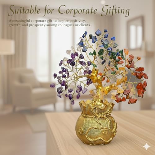 Image of 7 Chakra Crystal Tree with Golden Money Bag Base | Natural Gemstone Money Tree for Wealth Prosperity & Positive Energy | Feng Shui Vastu Tree for Home Office Decor & Good Luck Gift