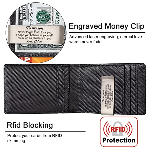 Personalized Mens Leather Wallet for Son from Mom - Engraved Slim Bifold with Money Clip - RFID Blocking Card Holder - Birthday, Christmas, Graduation Gift3