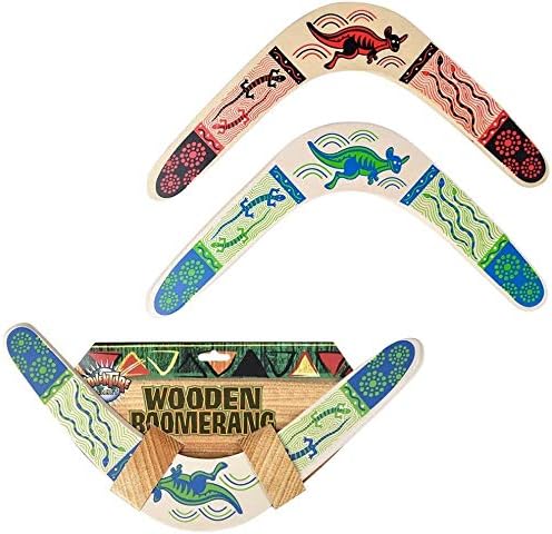 Paquete de 2 boomerang de madera para niños (14.5 pulgadas) rojo y verde. Diseño aborigen nacional australiano. Estampado de serpiente de lagarto
