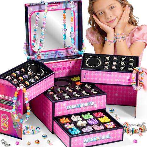 WOANZZ Charm Bracelet Making Kit DIY Jewelry Making Kits for Girls 8-12 Jewelry Box with Beads Necklace Kit Crafts Birthday Gift for 6 7 8 10 11 12 Year Old Girl Pink