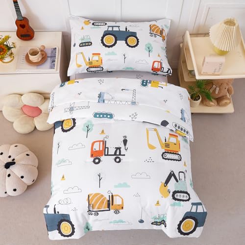 Image of PERFEMET Car Printed Toddler Comforter Set, 4 Pieces Toddler Bedding Sets for Boys, Reversible Tractors Pattern Teen Boy Bed in A Bag Comforter Set with Sheets (Tractor, Toddler)