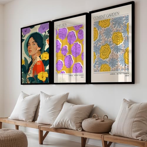Image of NoWorries Modern Portrait Art & London Floral Wall Frames Paintings | Chelsea & Covent Garden Botanical 300 GSM Premium Prints | Stylish Home Decor for Living Room, Office & Bedroom | Synthetic Wooden Wall Art Frames (Set of-3) (BLACK, ART-11, 13X19INCHES)