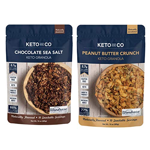 Keto and Co | Keto Granola Variety Snack Pack | Peanut Butter Crunch & Chocolate Sea Salt Flavors | 2 Bags | Gluten-Free, Keto & Diabetic Friendly, Naturally Sweetened