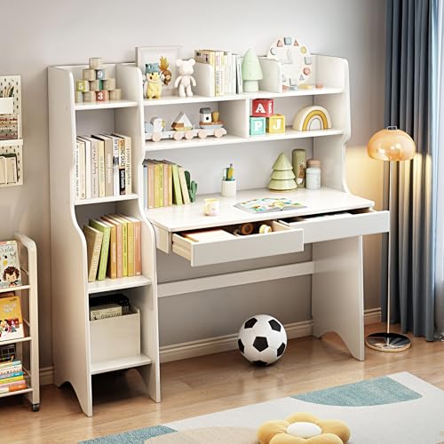 Image of Kids Desk Kids Table with Drawers and Bookshelf Wooden Kids Media Desk Student Learning Computer Workstation and Writing Desk (White)