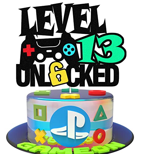 Level 13 Unlocked Sign Cake Topper - Happy 13th Birthday Level Up Thirteenth Cake Decorations for Video Game Controller Themed Kids Boy Girl Bday Party Supplies Double Sided