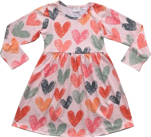 AQHOFSV Toddler Baby Girls Valentine's Day Dress Long Sleeve Tie Dye Colorful Heart Pattern Dresses Milksilk 2-7 Years