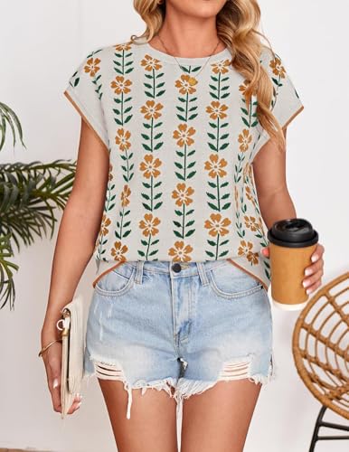 Image of ZESICA Women's Summer Trendy Knit Top 2026 Floral Print Short Sleeve Crewneck Loose Fit Sweater Vest Going Out Clothes