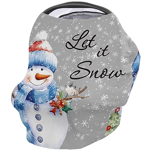 Nursing Cover for Breastfeeding Scarf, Merry Christmas Snowman Gray Snowflakes Baby Car Covers Super Soft Multi Use for Canopy Shopping Cart Cover Blanket Stroller Cover