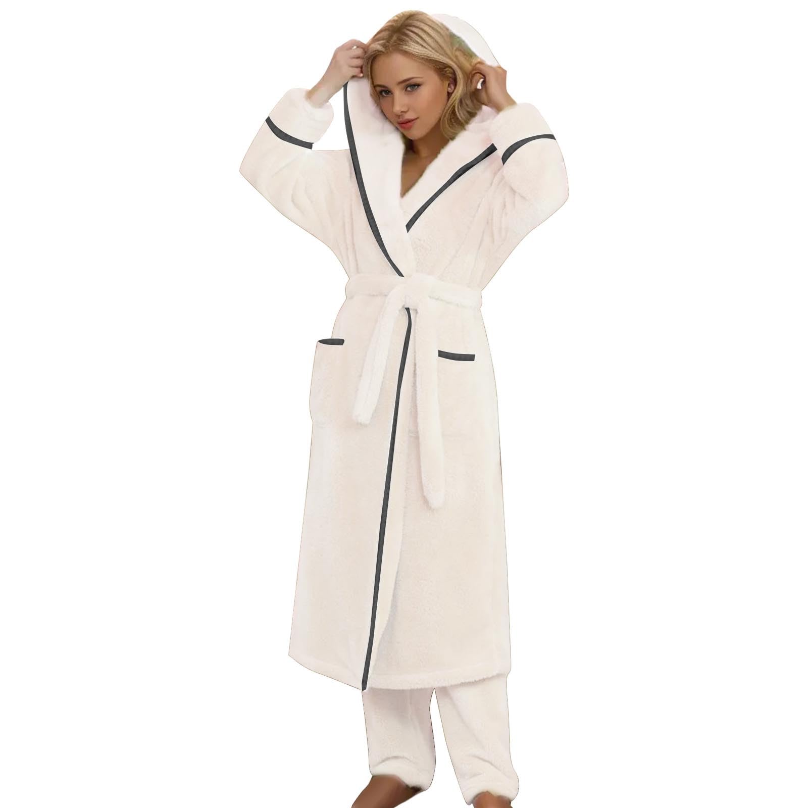Pijama De Verano para Mujer-Conjunto De Verano Mujer-Conjunto De Pijama Largo De Invierno con Capucha De Felpa De AlgodóN CóModo Y Grueso para Mujer Talla Grande Mujer