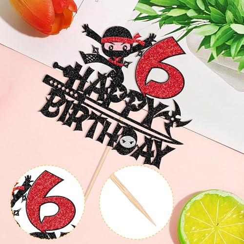 1 PCS Ninja Happy 6th Birthday Cake Topper - Black Glitter Six Years Old Cake Pick - Martial Arts Kung Fu Warriors Decoration for Ninja Theme Sixth Party Supplies