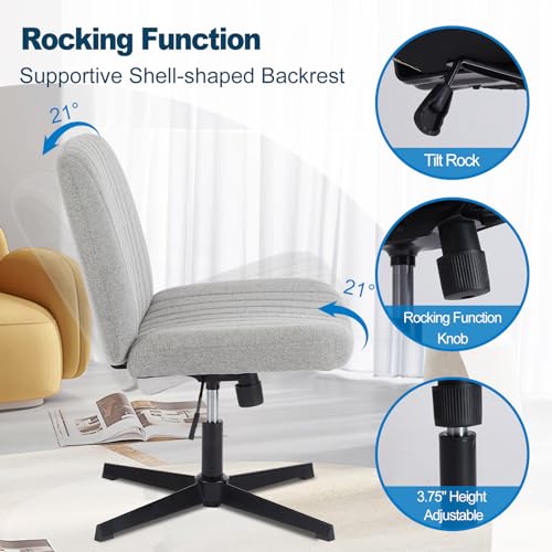 Image of DUMOS Criss Cross Chair No Wheel Legged Office Wide Comfy Desk Vanity Chair, Armless Computer Task Seating Comfy Fabric, Swivel Home Height Adjustable for Bedroom, Study, Grey No Wheel