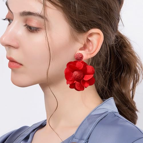 Rattan Earrings Summer Boho Handwoven Big Fabric Chiffon Rattan Flower Drop Earrings Statement Tropical Beach Vacation Jewelry2