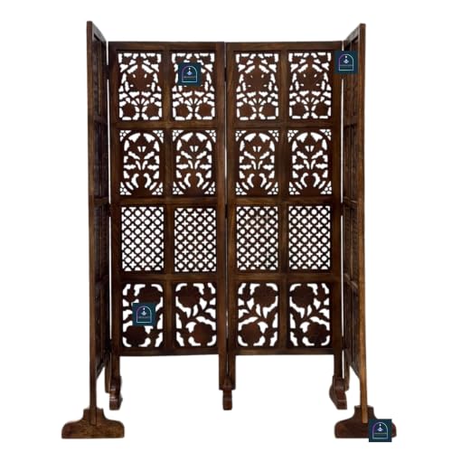 Image of Wooden Room Partition Screen with Burnt Wood Finish | Hand Buffed Traditional Handicraft Room Divider | Indoor Room Separator | Puja Room Divider (4 Panel 5 Feet with Stands)