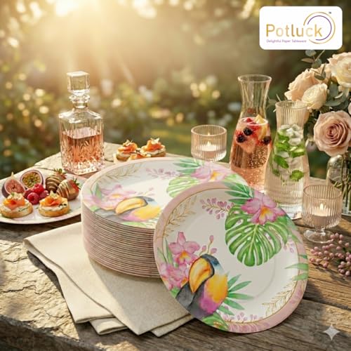 Image of Potluck Tropical Toucan Disposable Paper Plates, 9 Inch Food Grade Tableware for Parties, Events, Snacks & Meal Serving Pack
