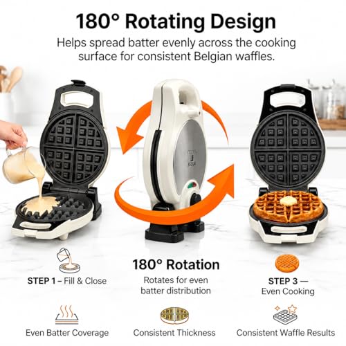 Image of Moss & Stone Belgian Waffle Maker - Rotating Flip Design, 8-Inch | Electric Waffle Iron Non-Stick Grids for Easy Release & Clean, Adjustable Temperature, Compact Upright Storage, White