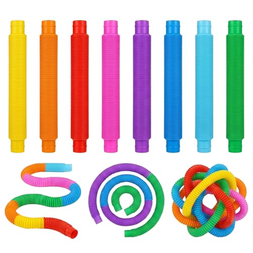Pop Tubes Sensory Fidget Toys 32 Pcs 8 Colorful Tube Toys Fun Bendable Sensory Stretch Tubes Pull Pipes Toy Bendable Connecting Tube Toys for Adults Autism ADHD Stress Relief