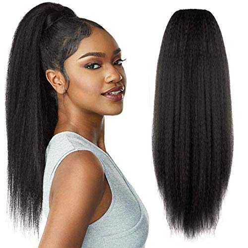 Hawkko Natural Long Kinky Srtaight Drawstring Ponytail Extension for Black Women, Yaki Curly Hair Clip in Ponytail Extension (24 Inch, 1B)…