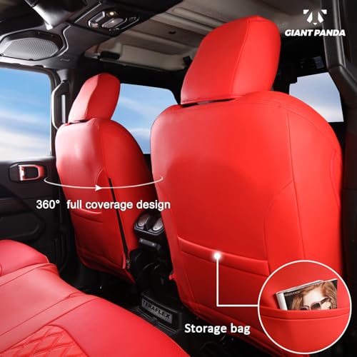 Image of GIANT PANDA Jeep Wrangler 4 Door JL 2018-2026 Full Set Car Seat Covers for Sahara Altitude Rubicon 392 Unlimited with Rear Cup Holder, Customized Faux Leather - (Red)